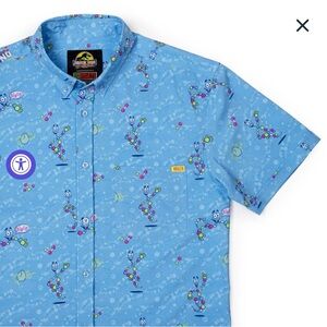 L - RSVLTS Men's Large Jurassic Park Dino Mr DNA Shirt Blue Short Sleeve